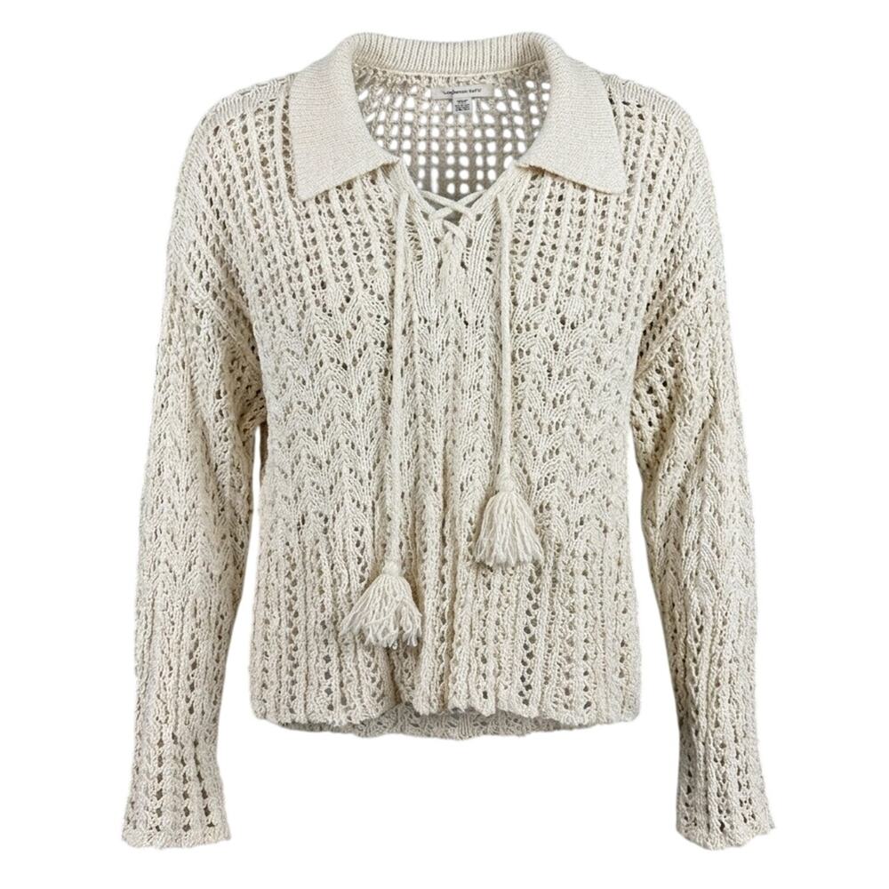 AE Crochet Knit Sweater M Cream Boho Cottagecore Coquette Coastal Pointelle
